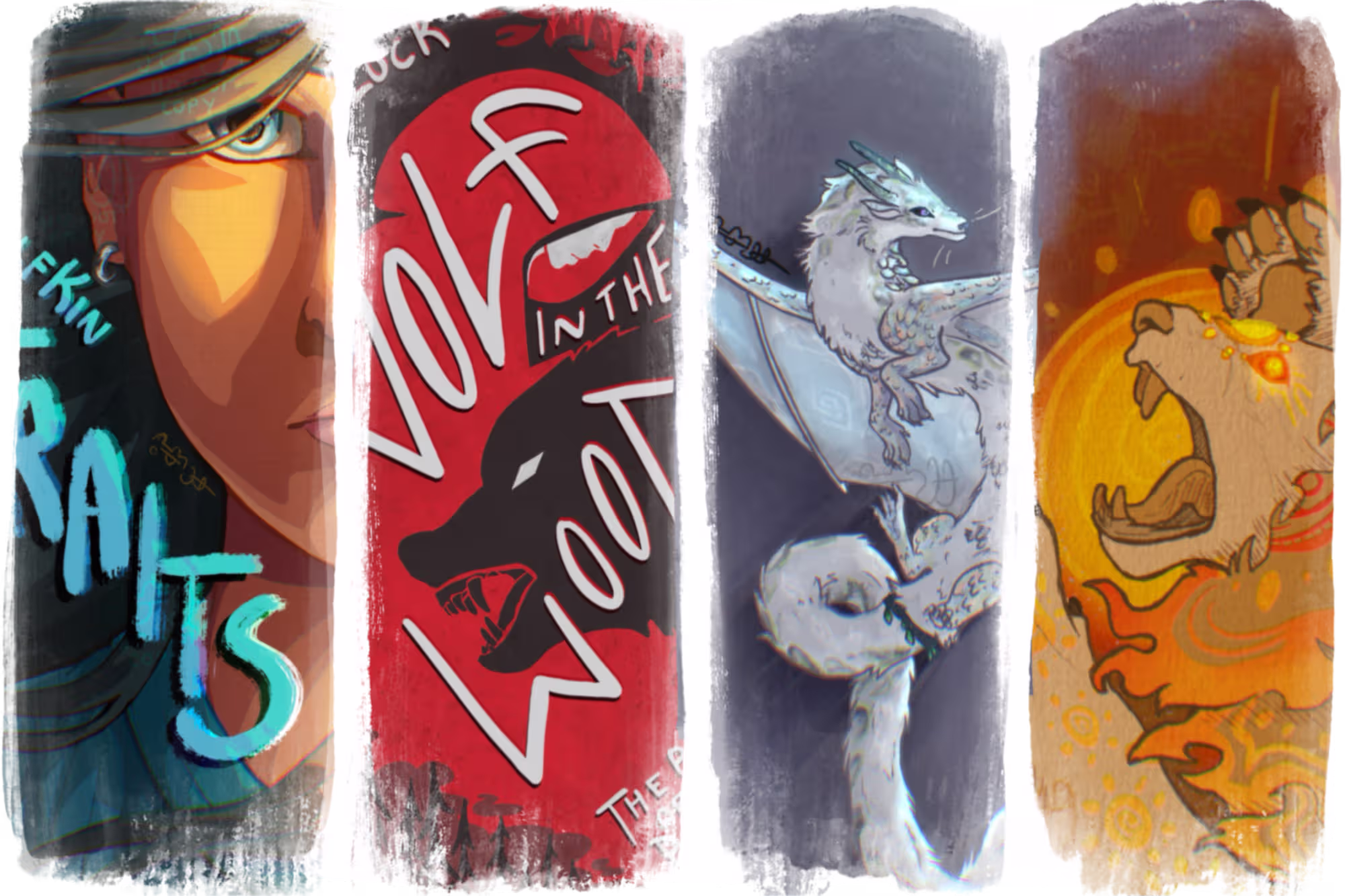 Four veritcal bars with example commissioned art