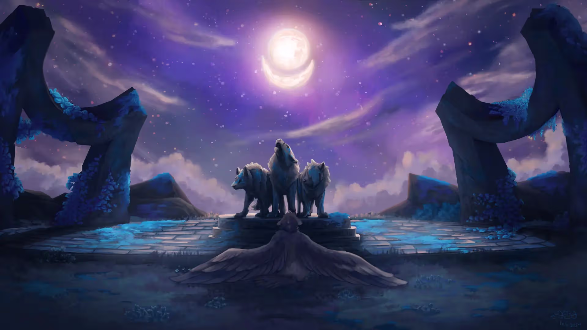 A winged wolf looking up at a statue of three other wolves under the moon